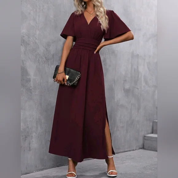 New Chic Ruched Waist Flutter Sleeve Maxi Dress Red Wine Sangria Purple | Color: Purple/Red | Size: XL | Glitteredcloset's Closet